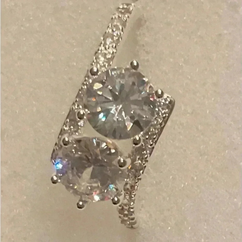 Fine Silver Plate Cubic Zirconia 2-Stone Ring